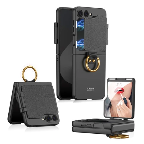 MOAITO for Samsung Galaxy Z Flip 6 Case with Flip Mirror & Ring Stand, Wireless Charging Cover Drop-Proof Shockproof Shell for Samsung Z Flip 6 (Black)