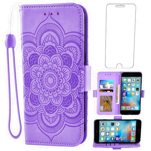 Asuwish Compatible with iPhone 6plus 6splus 6/6s Plus Wallet Case Tempered Glass Screen Protector Flip Card Holder Cell Phone Cover for iPhone6 6+ iPhone6s 6s+ i 6P 6a S Six iPhone6splus Women Purple