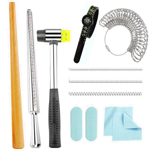 EJOQSON Ring Sizer Measuring Tool Metal Ring Mandrel and Mallet for Ring Making Ring Size Measurer Ring Shaper to Fix Bent Rings Jewelry Sizing Reshaper Repair Kit with Hammer (12-Ring Sizer Tool)