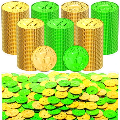 Sanwuta 400 Pieces St. Patrick's Day Gold Coins Plastic Gold Green Lucky Coins Shamrock Leprechaun Coins St Patricks Day Decorations with 3 Leaf Clover for St. Patrick's Day Party Decoration