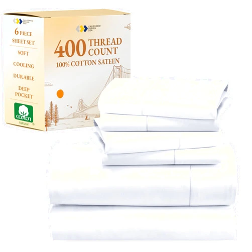 California Design Den 6 Piece King Size Sheet Set with 4 Pillowcases, 400 Thread Count 100% Cotton Sateen (White)