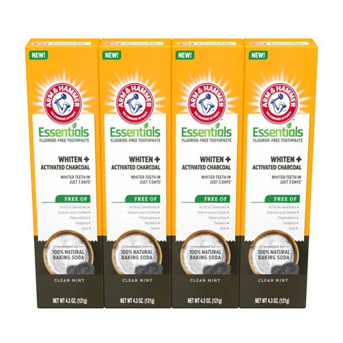 ARM & HAMMER Essentials Fluoride-Free Toothpaste Whiten + Activated Charcoal-4 Pack of 4.3oz Tubes, Clean Mint- 100% Natural Baking Soda
