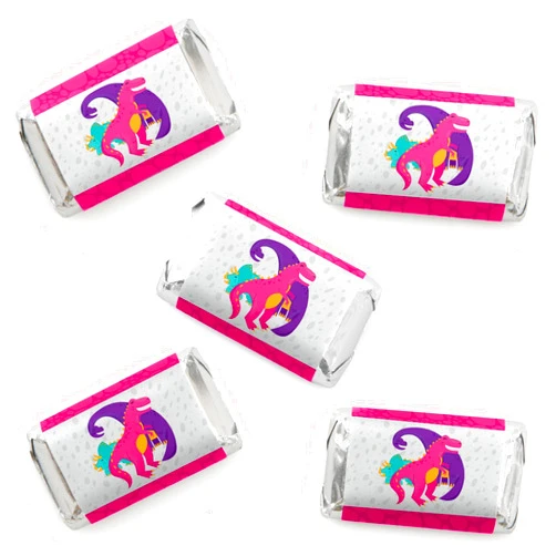Big Dot of Happiness Roar Dinosaur Girl - Mini Candy Bar Wrapper Stickers - Dino Mite T-Rex Baby Shower or Birthday Party Small Favors - 40 Count