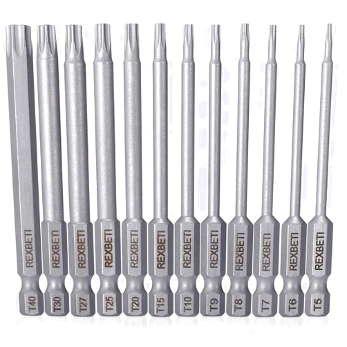 REXBETI 12 Piece Torx Head Screwdriver Bit Set, 1/4 Inch Hex Shank S2 Steel Magnetic 3 Inch Long Drill Bits, T5-T40 (Torx Head)