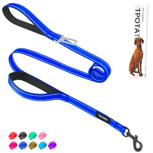 Tpotato 6 Foot Blue Dog Leashes for Large Medium and Small Breed Dogs That Pull,Reflective Nylon Heavy Duty Dog Leash with 2 Comfortable Padded Traffic Handles and Car Seat Belt for Walking and Training