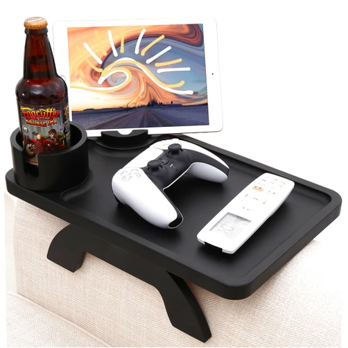 Linsongmax Couch Arm Table with Cup Holder Large Sofa Arm Tray Couch Table with Swappable 360°Rotated Cup Mug & Phone Holder,15.36x9.85inch Bamboo Black