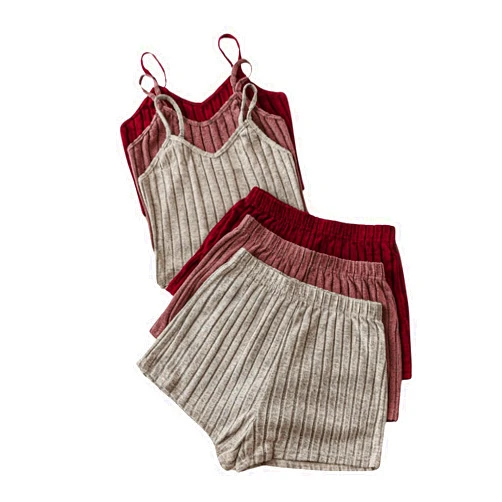 GORGLITTER Women's 6 Piece Ribbed Pajamas Set Sleeveless Crop Top and Tie Front Shorts Lounge Set Sleepwear Loungewear