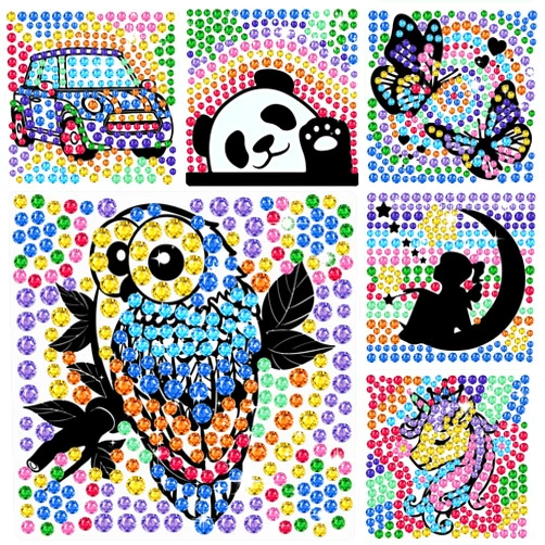 Metuu 6 Sheets DIY Diamond Window Art Craft Kits Suncatcher for Kids, Owl Unicorn Car Butterfly Gemstone Painting Arts and Crafts for Children Ages 6 7 8 9 10 Girls Boys Birthday Gift