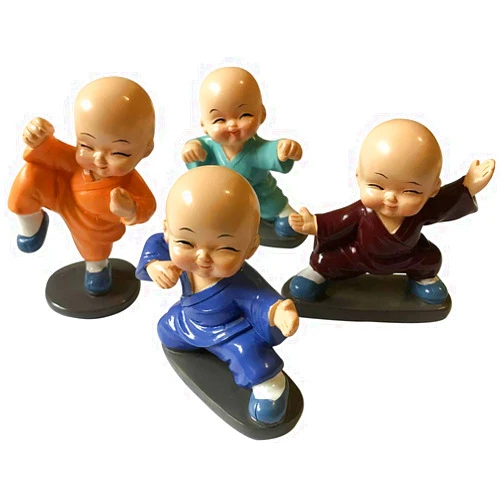 Kingzhuo Baby Buddhas Statue Cute Miniature Buddha Figurines Resin Little Monks Figurines Cute Kongfu Monk for Car Dashboard Decorations Car Home Decor 4 Pcs (8 x 6 CM) (4 Kongfu Monks Style A)