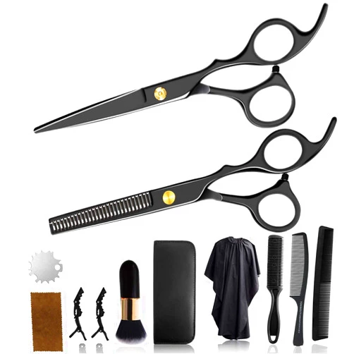 WeTest 12 PCS Hair Cutting Scissors Hair Cutting Shear Hairdressing Kit for Home, Salon, Barber, Gift, with Thinning Shears, Hair Razor Comb, Clips, Cape Kit, Black