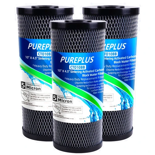 PUREPLUS Coconut Shell Water Filter Cartridge | Activated Carbon Block CTO | Universal Whole House 5 Micron 10 inch Cartridge | Compatible with WFHDC8001, CB-BB-10, EPM, EP-BB, 3Pack