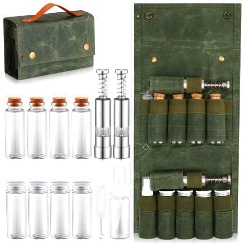 TOBWOLF Portable Spice Bag for Travel, Camping Spice Kit with 8 Jars, 2 Salt/Pepper Grinders, 1 Oil Spray, Foldable Canvas Seasoning Storage Bag, Condiment Container Set for Outdoor Picnic BBQ - Green