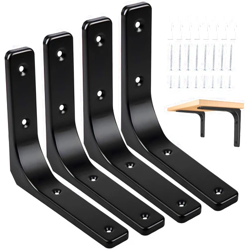 AISINYI Metal Shelf Brackets, 4 x 4 Inch Heavy Duty L Hanging Angle Brackets, Iron Wall Bracket for Countertop Support, Corner Brace Joint, Black, 4 PCS
