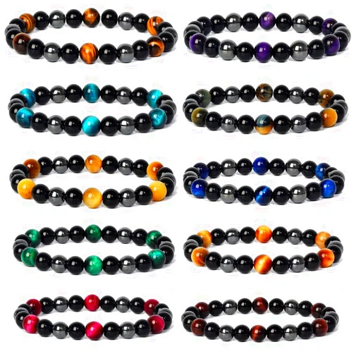 FINZOR 10 Pcs Triple Protection Bracelet Hematite Black Obsidian Tiger Eye Stone Beaded Bracelets for Men Women Stretch Bracelets