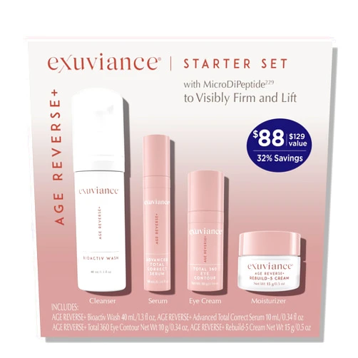 EXUVIANCE AGE REVERSE+ Anti Aging Skin Care Set - Mini Starter Kit Includes: Exfoliating Face Wash, Anti-Wrinkle Serum, Brightening Eye Contour, Firming Face Cream, for Wrinkles and Fine Lines - 4 ct