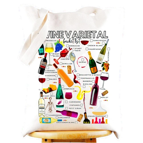 WZMPA Wine Varietal Canvas Tote Bag Wine Inspired Gift Red Wine Party Shoulder Bag Wine Taster Gift
