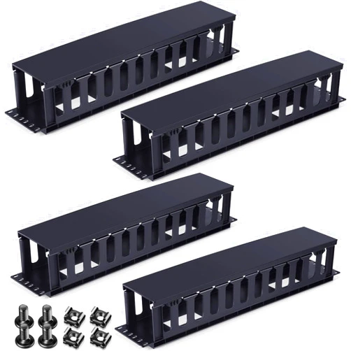 Taiyin 4 Pcs 2u Horizontal Mount Cable Management 19 Inch Cable Management Panel 12 Slot Electric Line Rack Duct Organizer Server Raceways with Cover for Wire Network Rack Wall Shelf Mount