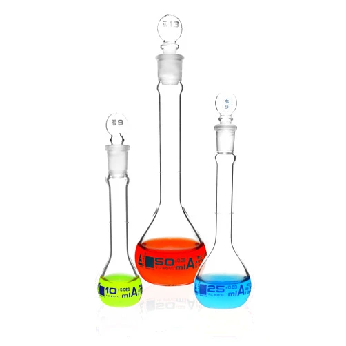 EISCO Premium Volumetric Flask Set - 10ml, 25ml & 50ml - Class A, ASTM E288 - Superior Durability & Chemical Resistance - Glass Penny Stoppers - Borosilicate 3.3 Glass