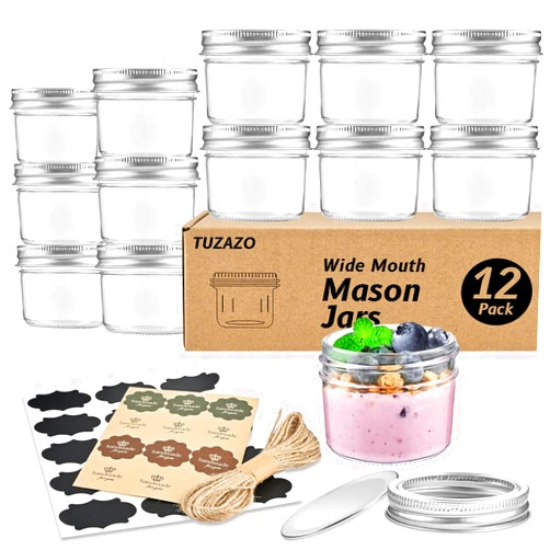 TUZAZO Small Mason Jars 12 Pack, 4 oz Mini Glass Mason Jars with Lids and Labels, Small Glass Canning Jars for Jelly Spice Herbs Honey Jam Storage