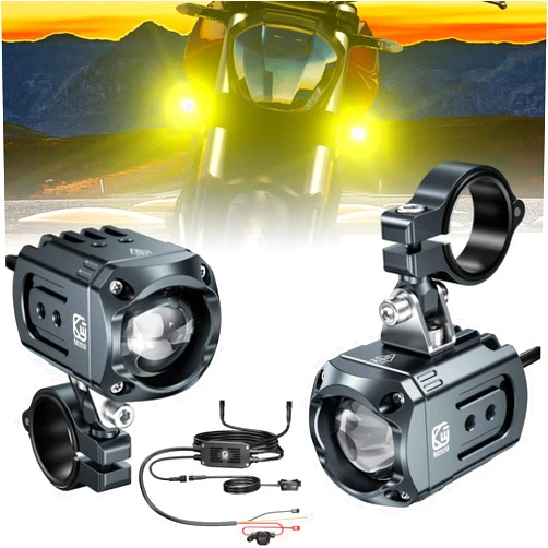 Kewig Motorcycle Auxiliary LED Light Kit Driving Spotlights White/Amber Fog Light with Mount Brackets Wire Harness Waterproof 60W Offroad Work Lights Compatible with Motorcycle J-eep Car Truck