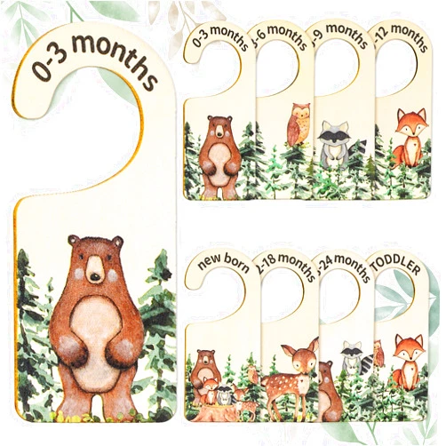 Whaline 8Pcs Baby Closet Size Dividers Woodland Design Hanging Wooden Baby Closet Organizer Newborn to 24 Months Thicken Baby Wardrobe Organizer for Home Nursery Baby Clothes Decor