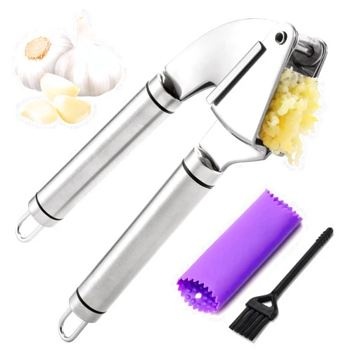 BURLIHOME Garlic Press Mincer, 304 Stainless Steel Garlic Press with Garlic Peeler Tube, Heavy Duty Metal Ginger Press, Silver