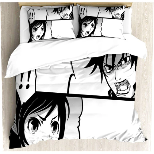 Ambesonne Anime Duvet Cover Set, Japanese Comics Strip Boy and Girl Fight Scene Manga Image Cartoon Print, Decorative 3 Piece Bedding Set with 2 Pillow Shams, Queen Size, Black White Grey