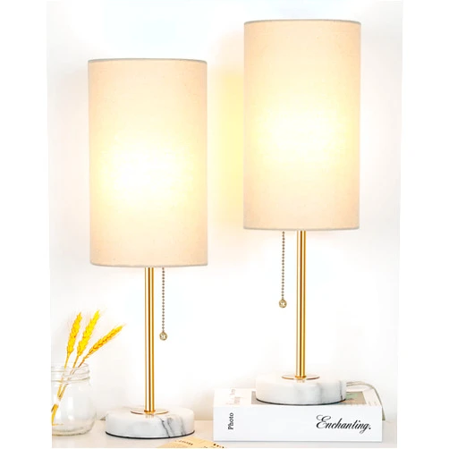 JUNNAI Bedside Table Lamp with Marble Base: Pull Chain Switch 3-Way Dimmable | Linen Fabric Shade & Golden Pole Small Nightstand Lamps 18.5 Inches for Bedrooms, Office, Dinning Room, Set of 2