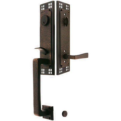 Emtek Arts & Crafts Style Tubular Handleset in Oil Rubbed Bronze with Left Hand Hammered Levers and 2 3/8