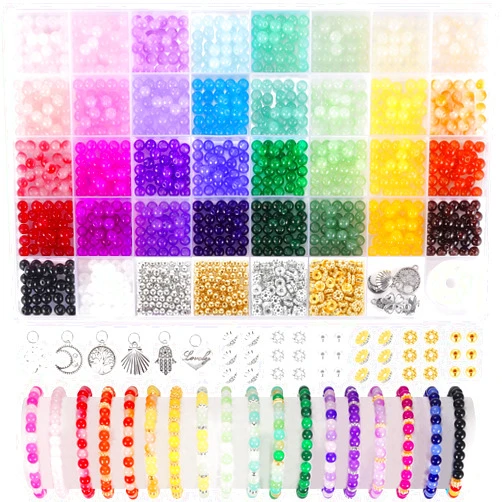 Funtopia 1368pcs 6mm Glass Beads for Bracelets, 34 Colors Crystal Beads for Jewelry Making, Funtopia Round Glass Beads for DIY Earrings Necklace Crafts with Spacer Beads and Charms, Solid and Gradient Colors