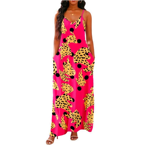 vunahzma Womens Maxi Dresses Adjustable Shoulder Strap Floral Printed Casual V Neck Loose Party Dress Beach Sundress