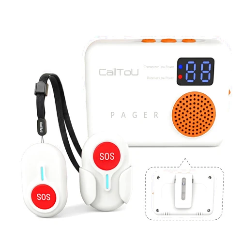 CallToU Caregiver Pager Wireless Call Button 500FT for Elderly Monitoring Vibration Call Bell Medical Alert System with Digital Display Low Power Reminder 2 Portable Receiver 2 SOS Call Button