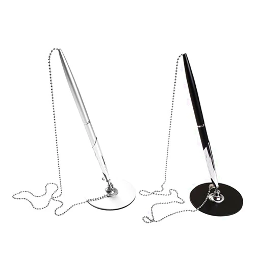 NUOBESTY 2pcs Desk Pen with Ball Chain Desktop Pen Counter Pens Security Gel Ink Pens for Bank Office Hotel Lobbies Retail Stores Anti- Pen with Base（Black Silver）
