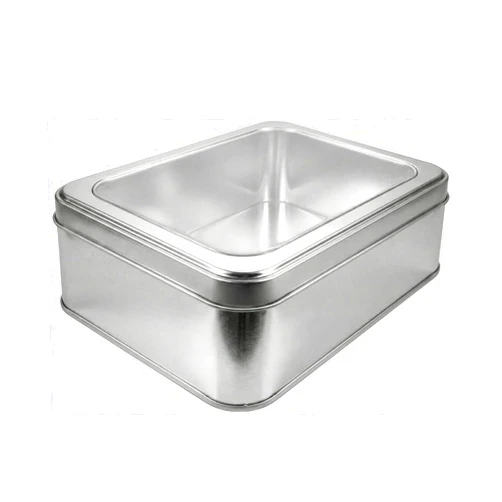 Hadaaya Silver Rectangular Tin Container With Clear Lid, Single Piece Multipurpose Tin, Christmas Gifting Tin Box for Gift Giving, Cookies, Stationery & More - 7.25 x 5.25 x 2.25 Inches