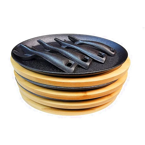 HAWOK Cast Iron Fajita pan with Bamboo Tray and Handle Set of 4…