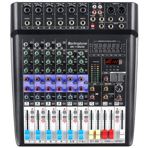 Berlingtone 8 Channel Bluetooth Professional Audio Mixer DJ Sound Console, USB MP3 Recording, 6 XLR Microphone Jack 7 Band EQ 48V Phantom Power Stereo 16-BIT Digital Multi FX Processor (BR-118MX)