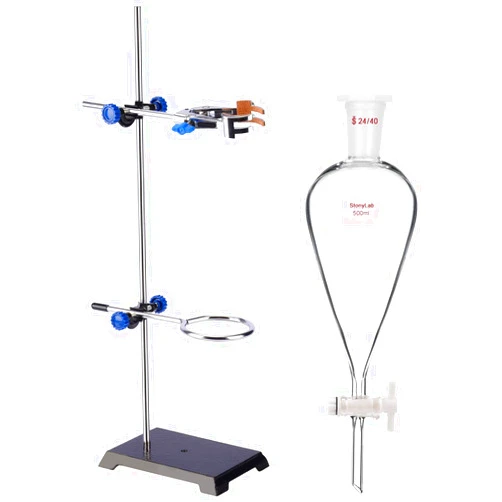 stonylab Separatory Funnel and Lab Stand Set Bundle, 500 ml Conical Separatory Funnel with 24/40 Joints, Steel Support Stand with Rod/4-Prong Burette Clamp/Retort Ring and 2 Boss Heads