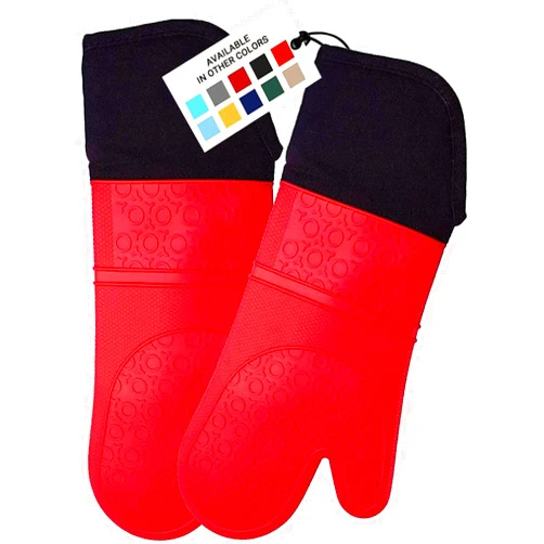 HOMWE Extra Long Professional Silicone Oven Mitt, Oven Mitts with Quilted Liner, Heat Resistant Pot Holders, Flexible Oven Gloves, Red, 1 Pair, 14.7 Inch