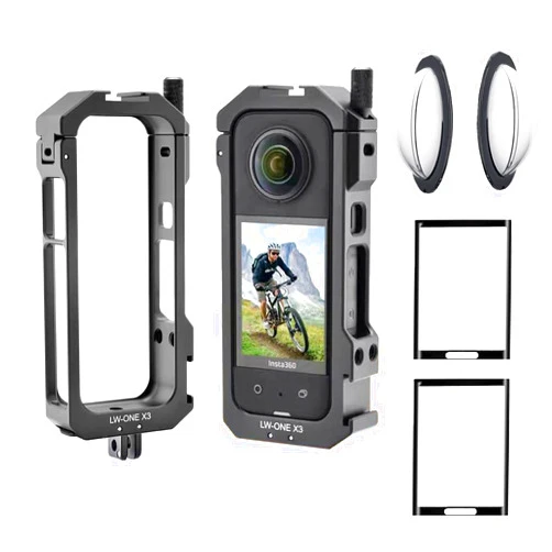 Debous Aluminum Frame Cage Sticky Lens Guard Set Screen Protector for Insta360 X3 X 3 Accessories Kit Anti-Scratch Metal case Housing Shell Tempered Glass Protective Film Cover