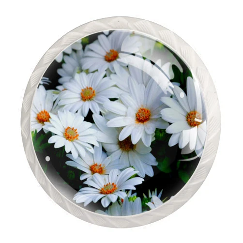 ZORE_FINE5 Kitchen Cabinet Knobs Round Decorative Knobs Cabinet Closet Drawers Dresser Pull Handle 4PCS White Flowers