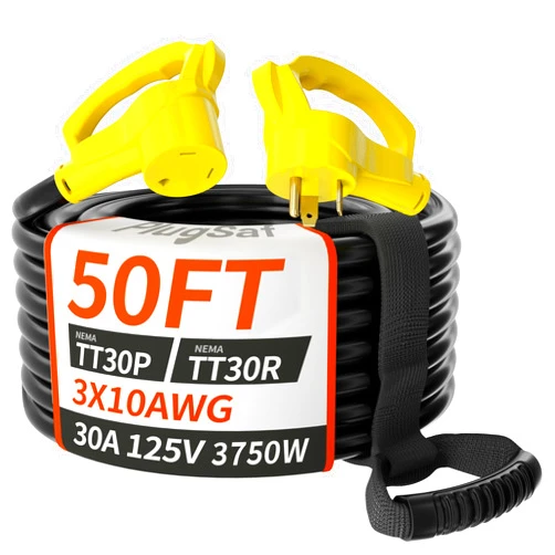 PlugSaf 50 FT 30 Amp RV Extension Cord Outdoor with Grip Handle, Flexible Heavy Duty 10/3 Gauge STW RV Power Cord Waterproof with Cord Organizer, NEMA TT-30P to TT-30R, Black-Yellow, ETL Listed