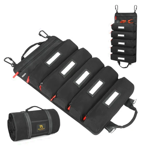 Ramble Gear| Roll Up Tool Bag with Carabiners | 5 Large Oversized Pouches with Labels | Tool Organizer Bag | Canvas Tool Bag organizer | Tool roll up Bag for Mechanic, Electrician,Carpenter and more
