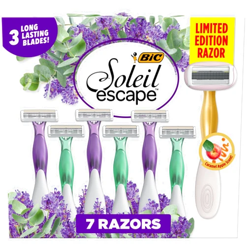 BIC Soleil Escape Women's Disposable Razor 3 Blade Set, Moisture Strip With Almond Oil, Lavender and Eucalyptus Scented Handles, Includes Bonus Caramel Apple, 8 Razors