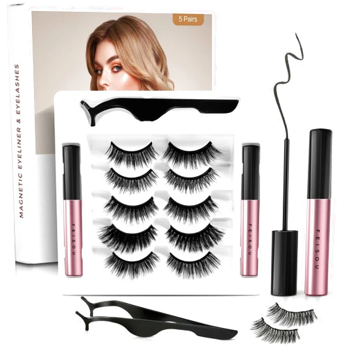 Feisou Magnetic Eyelashes with Eyeliner Kit, (5-Pairs) Reusable Magnetic Eyelashes, Magnetic lashes Natural Looking with Magnetic Eyeliner & Tweezers, Easy to Wear-No Glue Needed