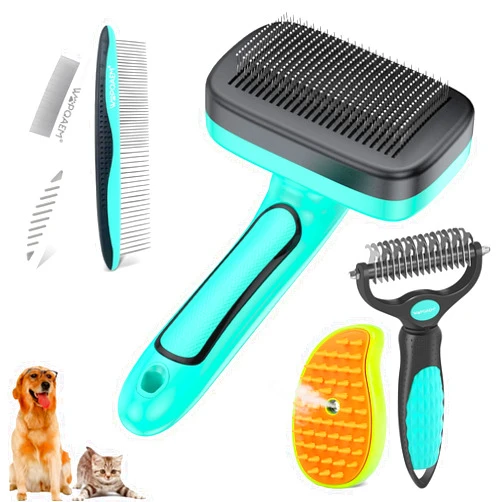 WOPQAEM Dog Brush for Shedding Short Long Haired Cats, 5 in 1 Pet Grooming Kit for Small Medium & Large Animals. Removes Loose Fur, Mats, Tangled. Easy Cleaning. Undercoat Rake + Steam Brush Included