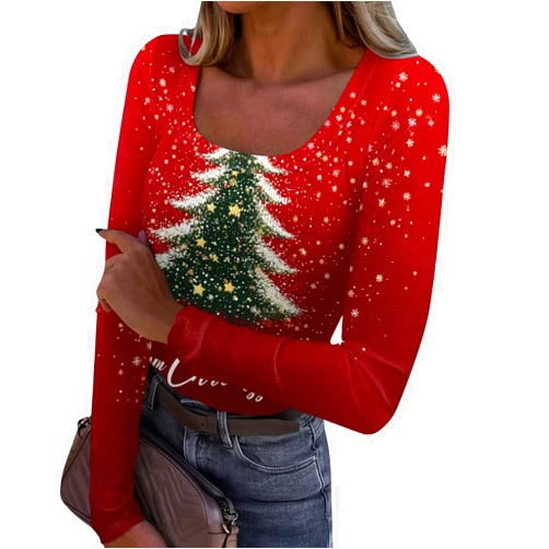 GOFULY Christmas Shirts for Women Sexy Long Sleeve Ribbed Christmas Tops Boatneck Snowman Xmas Tree Print T Shirt Outfits