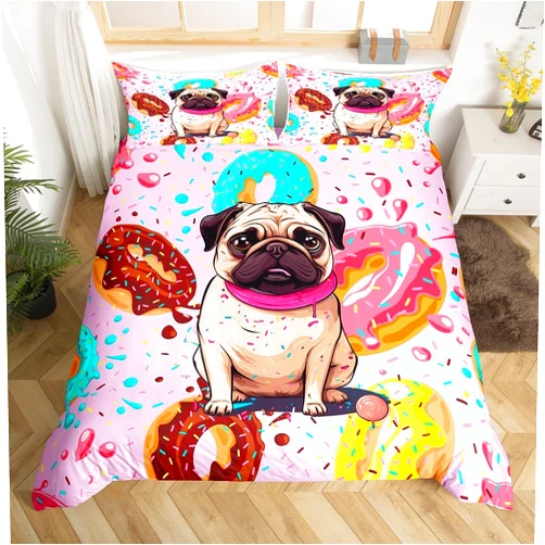 Erosebridal Cute Puppy Comforter Cover Set,Kawaii Pug Dog Multicolor Donut Duvet Cover for Kids Boys Girls,Sweet Dessert Lovely Pet Animal Theme Bedding Set for Bedroom Decor,Lightweight Soft Quilt Cover Twin
