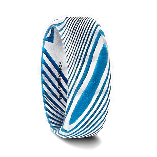 Thorsten Mens Comfort Fit -Blue Beveled Brushed Damascus Steel Wedding Band - Vivid Etched Design - 6mm 8mm Wide - Style name: BISMAN