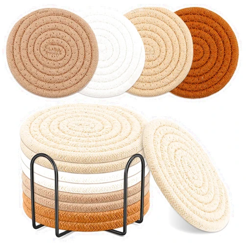 Meltset M 8 Pcs Boho Coasters for Drinks,4 Colors Absorbent Drink Coasters with Metal Holder, Cotton Woven Coaster, Minimalist Cup Coaster Set for Home Decor,Table Protection, Housewarming Gift (4.3 Inch)…
