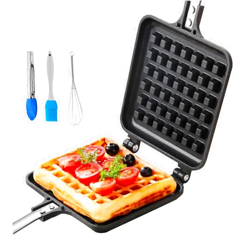 CPVKRY Cast Aluminum Stovetop Belgium Waffle Iron, 5.2 x 5.7 Inches Camping Waffle Maker Pan, Portable Aluminum Waffle Maker Pan for Family Breakfast Baking, Comes with Oil Brush,Stirrer and Clip